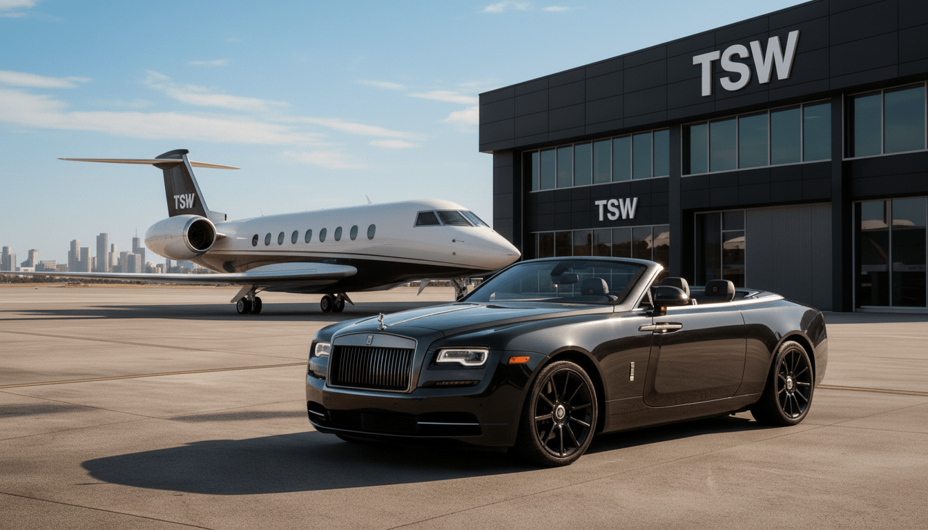 Private jet and luxury car outside the TSW hangar
